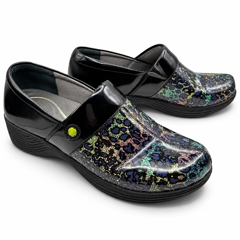 Work Wonders by Dansko Camellia Clogs Women 37 Black Iridescent Leopard Patent